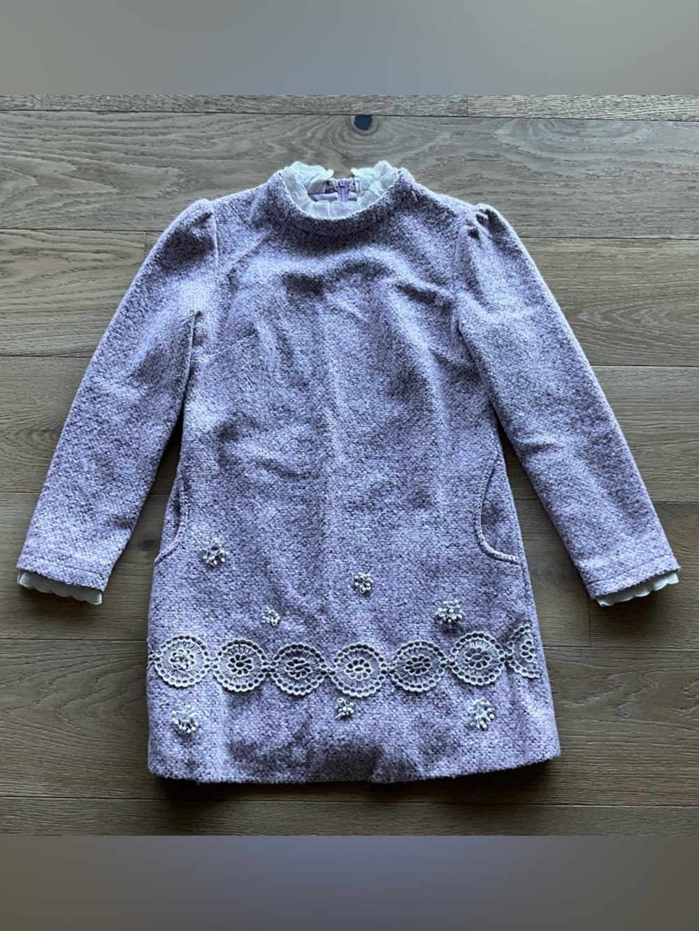 Lilac Bouclé Long-Sleeve Dress with Lace Trim and Pearl Embellishments